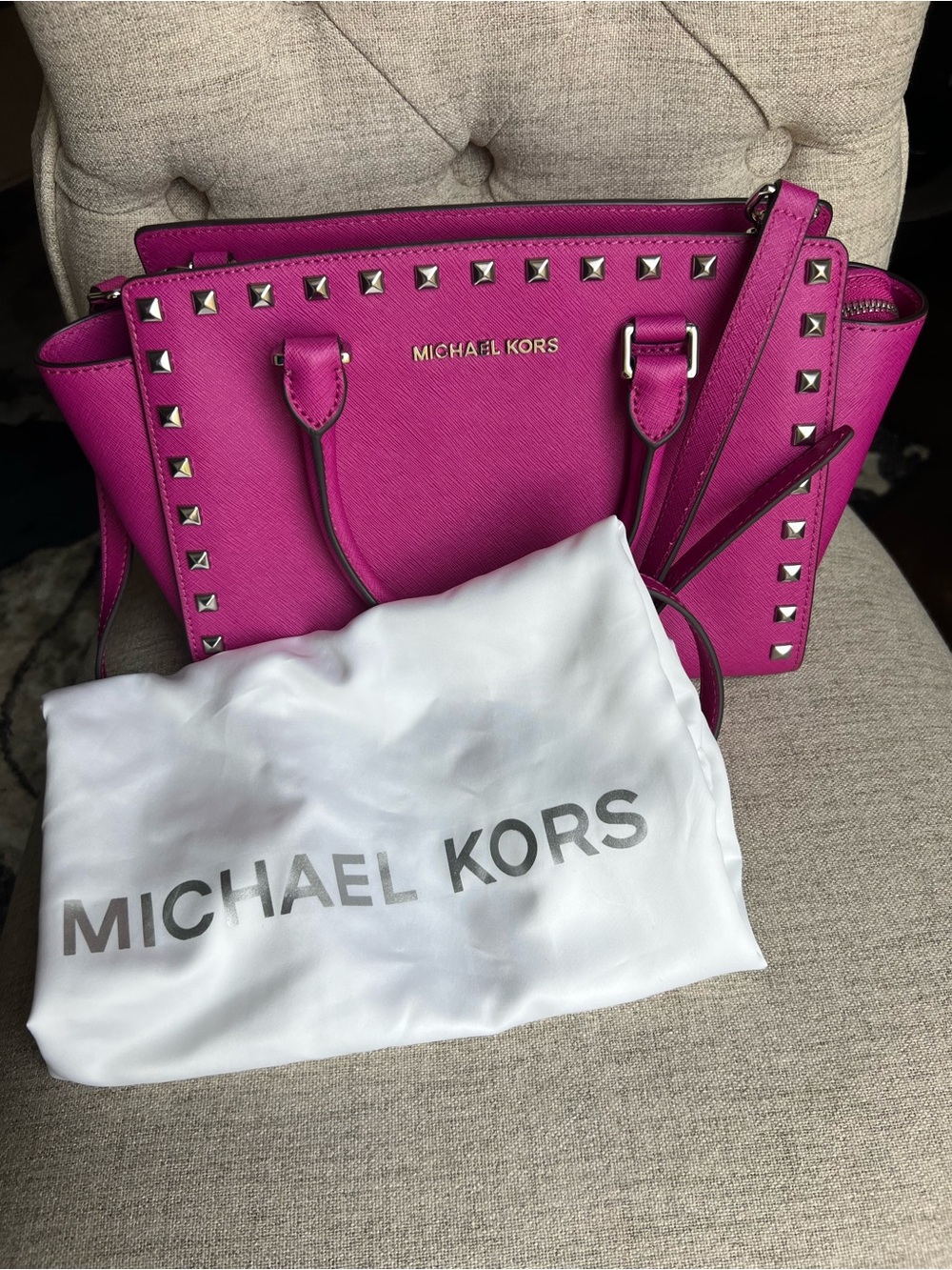 Michael Kors Hot Pink Studded Saffiano Satchel - Picture 8 of 8